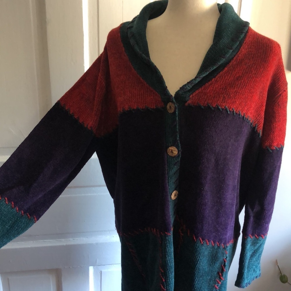 Vintage 90s Studio Works Patchwork Stitch Longline Chenille Knit Cardigan - Picture 3 of 10